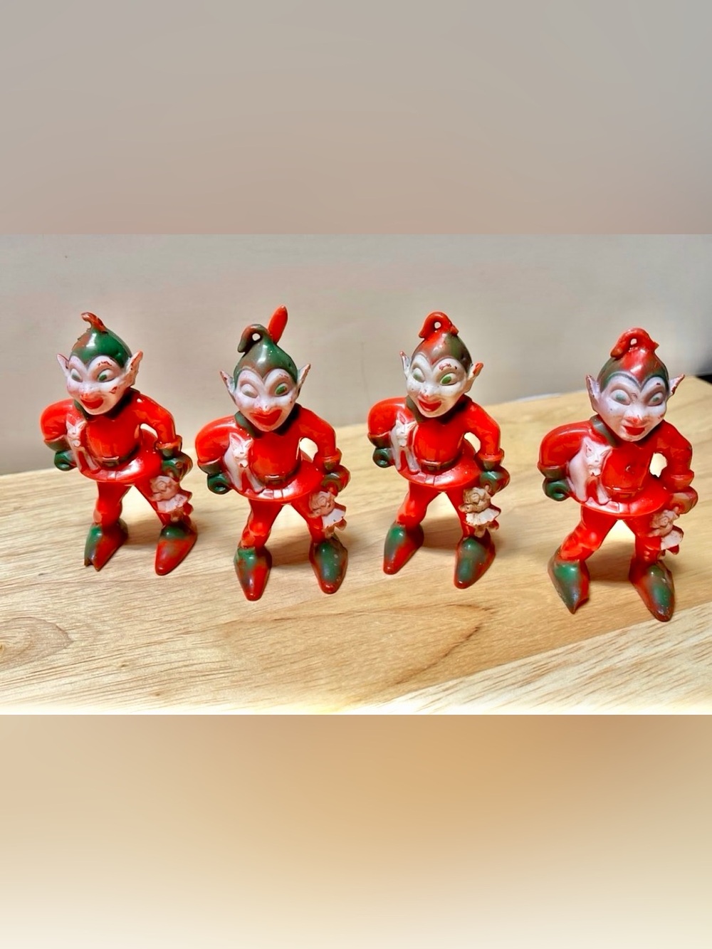 (4) 1960’s Rosbro Plastic Christmas Elf Red & Green w/ Doll & Puppy Ornament